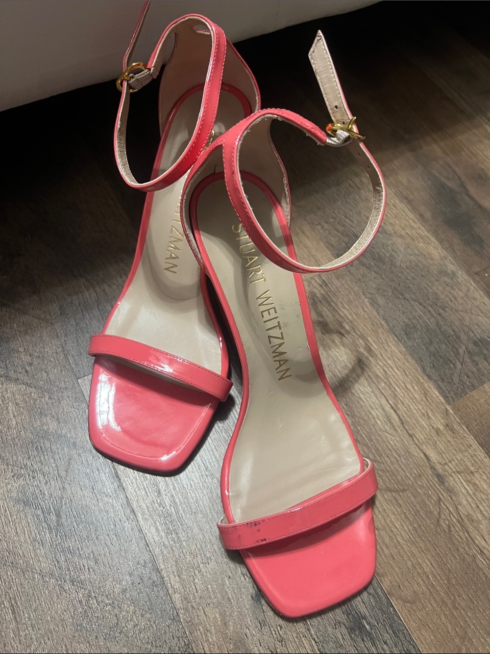 Stuart Weitzman Coral Patent Leather Ankle-Strap Heels